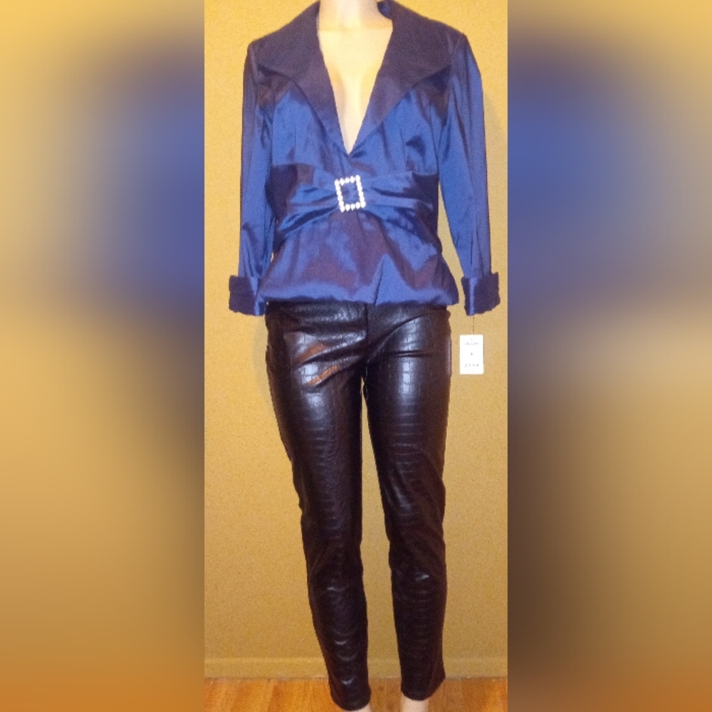 Women's Winter Set Blazer With PU Leather Pants Size L